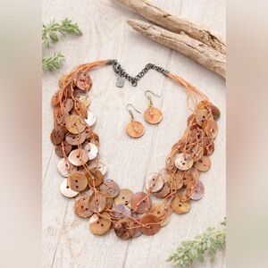 Boho Mother Of Pearl Button Necklace & Earrings Set Multi Strand Peach Brown